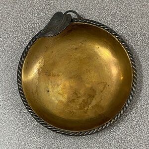 Evans Guilloché Gold tone Brass Trinket Dish with Leaf Art Deco Vintage 50s